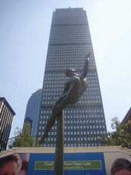 Statue at the entrance to the Shops at Prudential Center, and the Prudential Tower