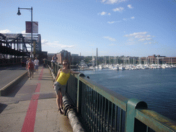 Miaomiao at the Charlestown Bridge, with view on the Charlestown Navy Yard and the Bunker Hill Monument