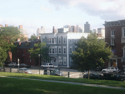 View from Breed`s Hill, with the skyline of Boston and the Bunker Hill Museum