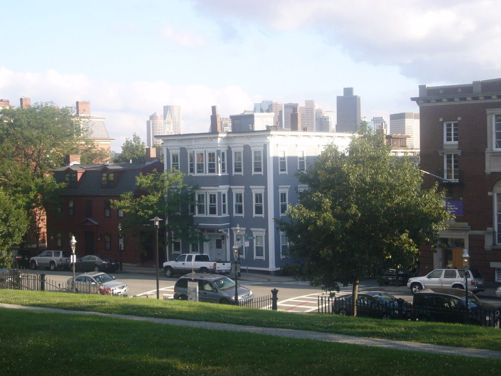View from Breed`s Hill, with the skyline of Boston and the Bunker Hill Museum
