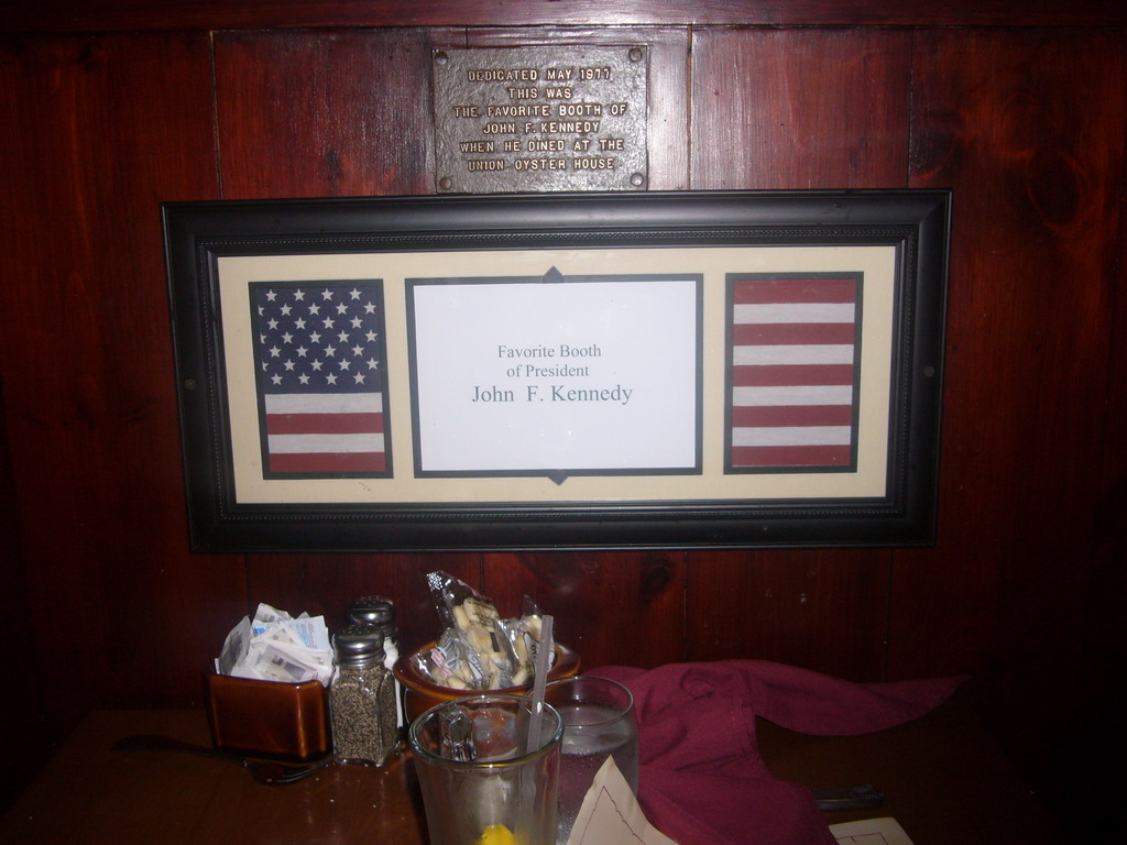 The favorite booth of president John F. Kennedy, at the Ye Olde Union Oyster House restaurant
