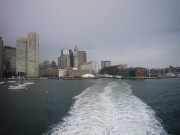 Skyline of Boston, with the New England Aquarium and the Custom House Tower, from the Whale Watch boat