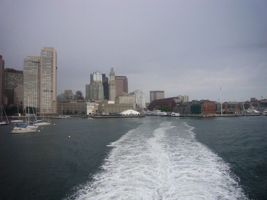 Skyline of Boston, with the New England Aquarium and the Custom House Tower, from the Whale Watch boat