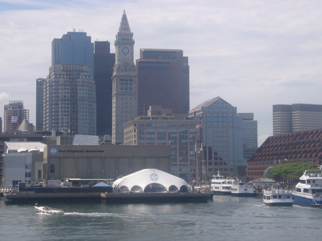 Skyline of Boston, with the New England Aquarium and the Custom House Tower, from the Whale Watch boat