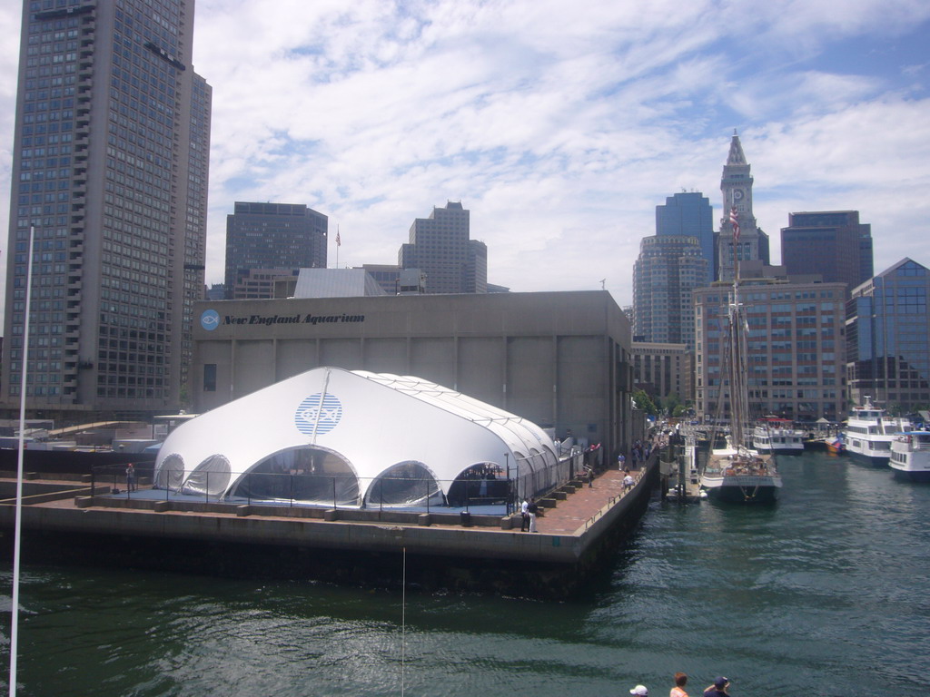 Skyline of Boston, with the New England Aquarium and the Custom House Tower, from the Whale Watch boat