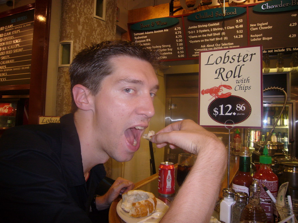 Tim eating clams, inside Quincy Market at Faneuil Hall Marketplace