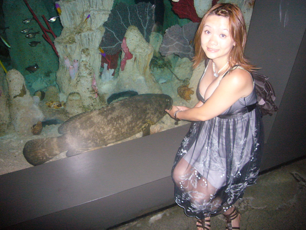 Miaomiao with a fish, in the New England Aquarium