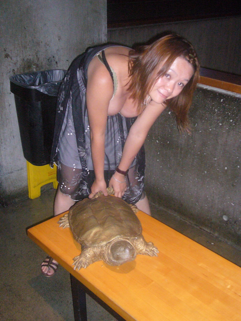 Miaomiao with a turtle model, in the New England Aquarium