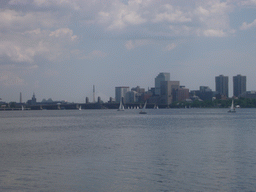 Longfellow Bridge and surrounding buildings, viewed from the other side of the Charles River, at Harvard Bridge