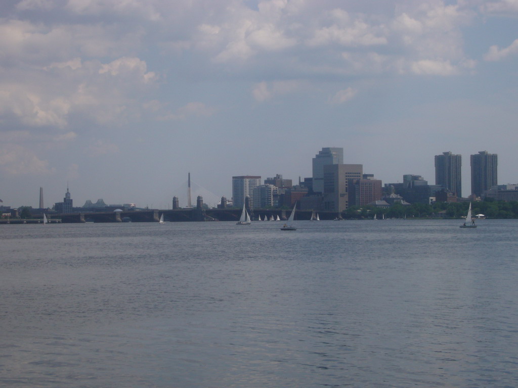 Longfellow Bridge and surrounding buildings, viewed from the other side of the Charles River, at Harvard Bridge