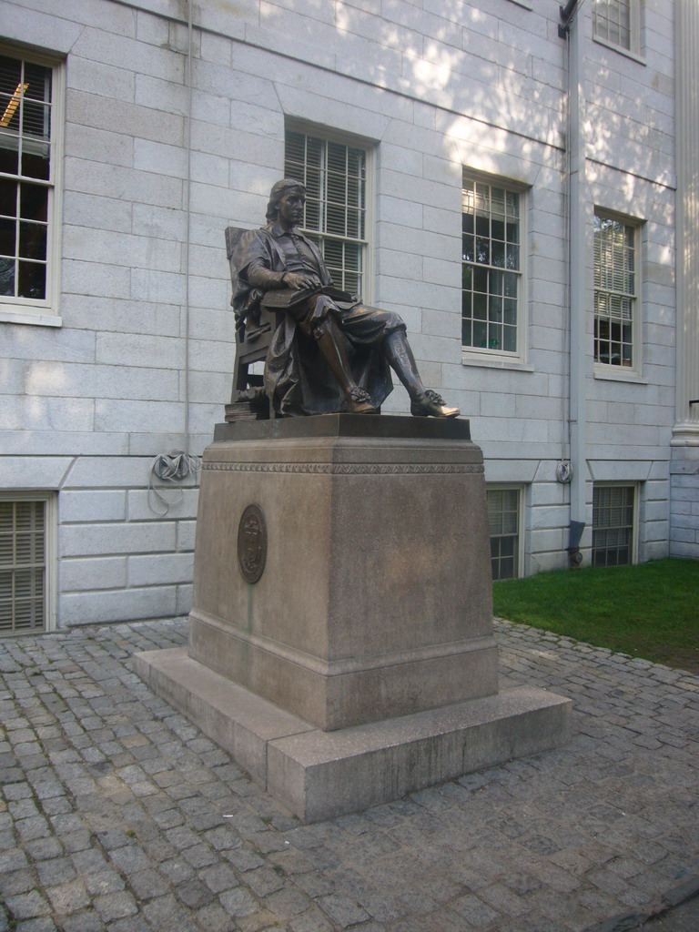 Statue of John Harvard, in front of University Hall, at Harvard