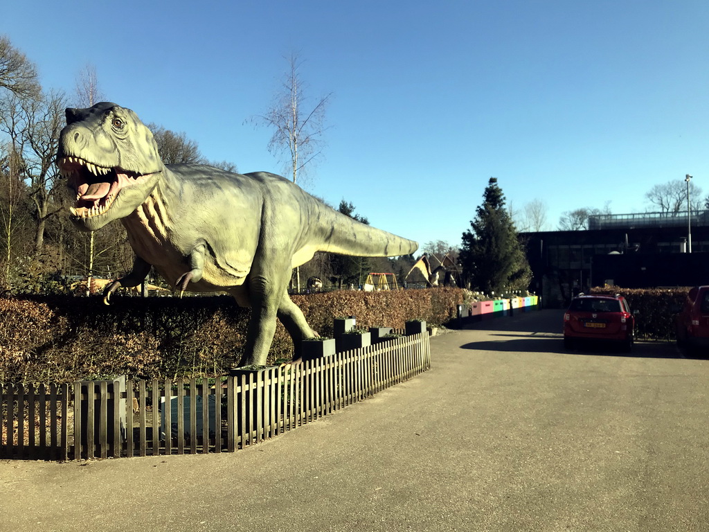 Statue of a Tyrannosaurus Rex at the entrance to the Oertijdmuseum at the Bosscheweg street