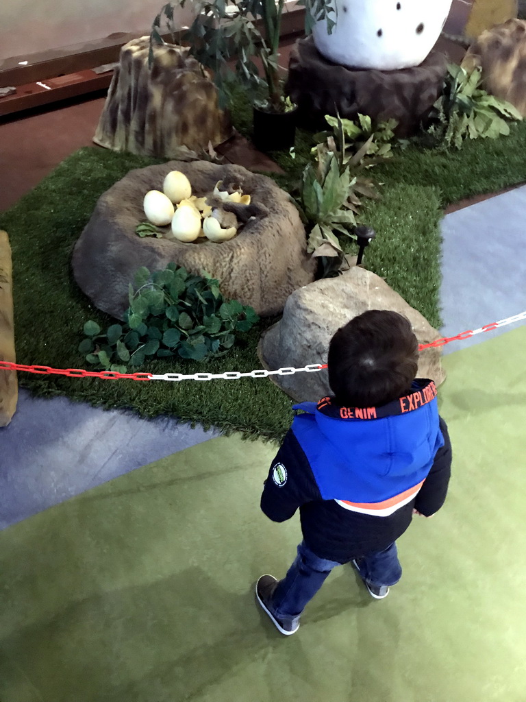 Max with statues of Maiasaura eggs at the Lower Floor of the Museum Building of the Oertijdmuseum