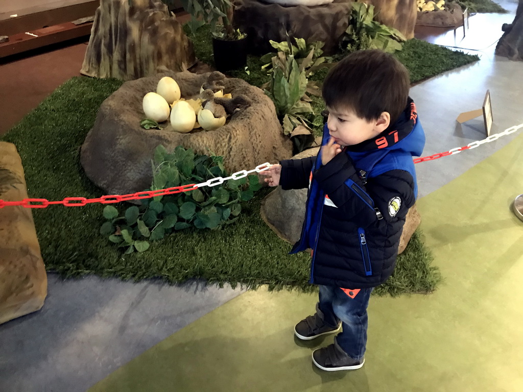 Max with statues of Maiasaura eggs at the Lower Floor of the Museum Building of the Oertijdmuseum