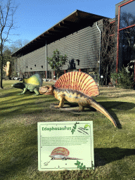 Statues of Edaphosauruses in front of the Museum building in the Garden of the Oertijdmuseum, with explanation