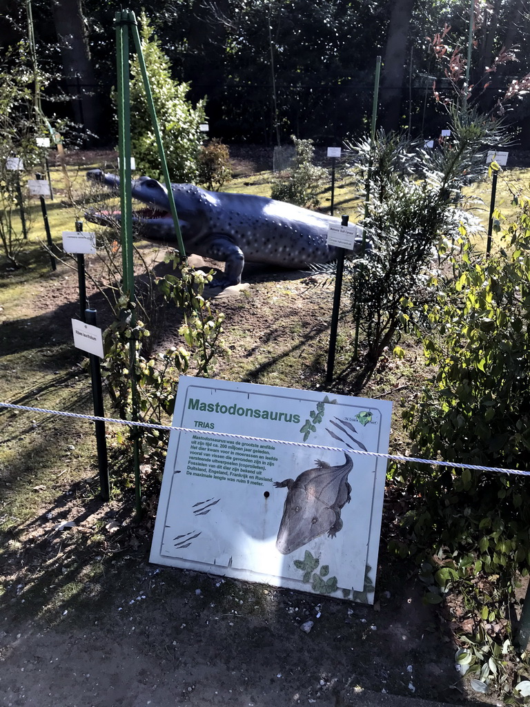 Statue of a Mastodonsaurus in the Garden of the Oertijdmuseum, with explanation