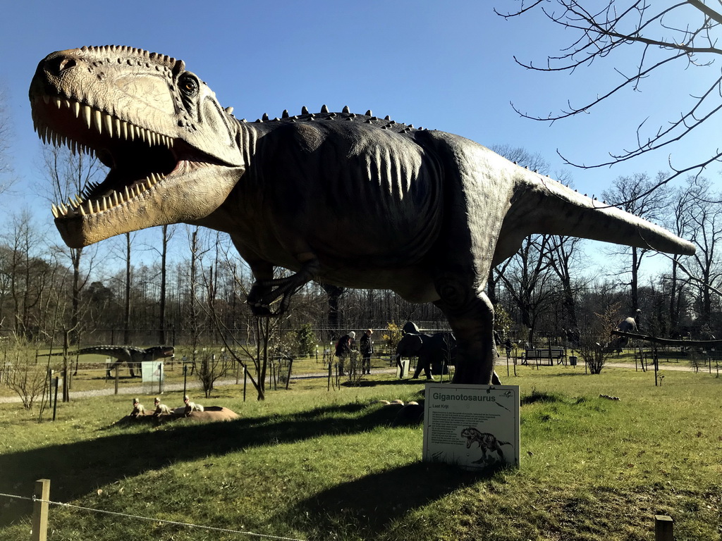 Statue of a Giganotosaurus in the Garden of the Oertijdmuseum, with explanation