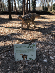 Statue of a Scelidosaurus in the Oertijdwoud forest of the Oertijdmuseum, with explanation