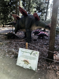 Statues of Stegosauruses in the Oertijdwoud forest of the Oertijdmuseum, with explanation