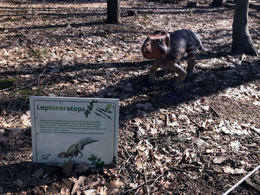 Statue of a Leptoceratops in the Oertijdwoud forest of the Oertijdmuseum, with explanation