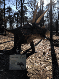 Statue of a Triceratops in the Oertijdwoud forest of the Oertijdmuseum, with explanation