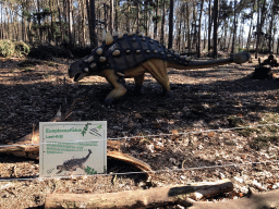 Statue of an Euoplocephalus in the Oertijdwoud forest of the Oertijdmuseum, with explanation