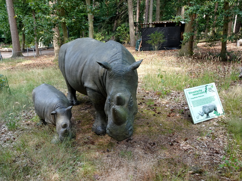 Statues of Etruscan Rhinoceroses in the Oertijdwoud forest of the Oertijdmuseum, with explanation