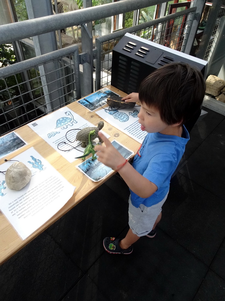 Max playing with dinosaur and animal toys at the Middle Floor of the Dinohal building of the Oertijdmuseum