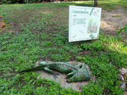 Statue of a Diplocaulus in the Garden of the Oertijdmuseum, with explanation