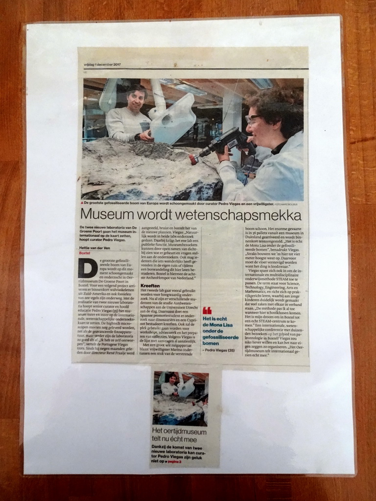 Newspaper article about the new laboratories of the Oertijdmuseum, at the restaurant at the Lower Floor of the Museum building