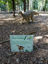 Statue of a Scelidosaurus at the Oertijdwoud forest of the Oertijdmuseum, with explanation