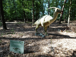 Statue of a Parasaurolophus at the Oertijdwoud forest of the Oertijdmuseum, with explanation