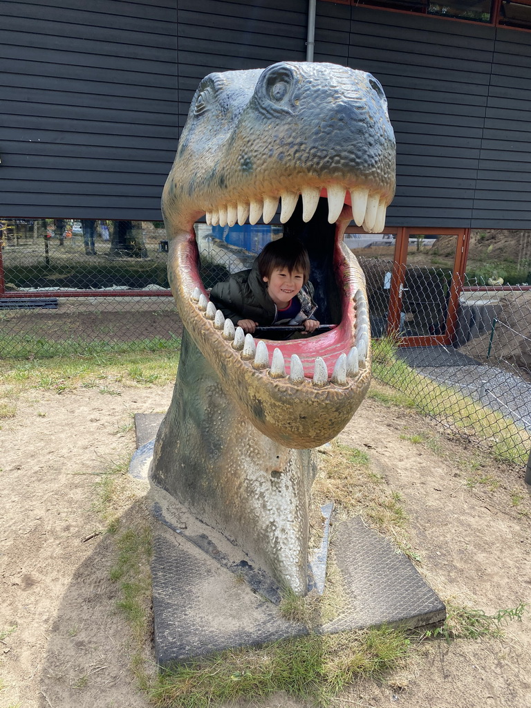 Max in a statue of the head of a Dinosaur at the playground in the Garden of the Oertijdmuseum