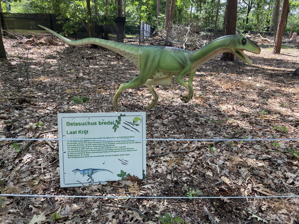 Statue of a Betasuchus in the Oertijdwoud forest of the Oertijdmuseum, with explanation