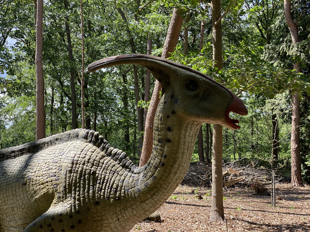 Statue of a Parasaurolophus in the Oertijdwoud forest of the Oertijdmuseum