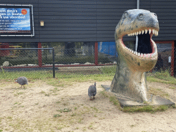 Head of a Dinosaur and Guineafowls at the playground in the Garden of the Oertijdmuseum