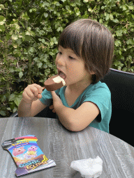 Max with an ice cream and toys at the terrace of the restaurant at the Lower Floor of the Museum building of the Oertijdmuseum