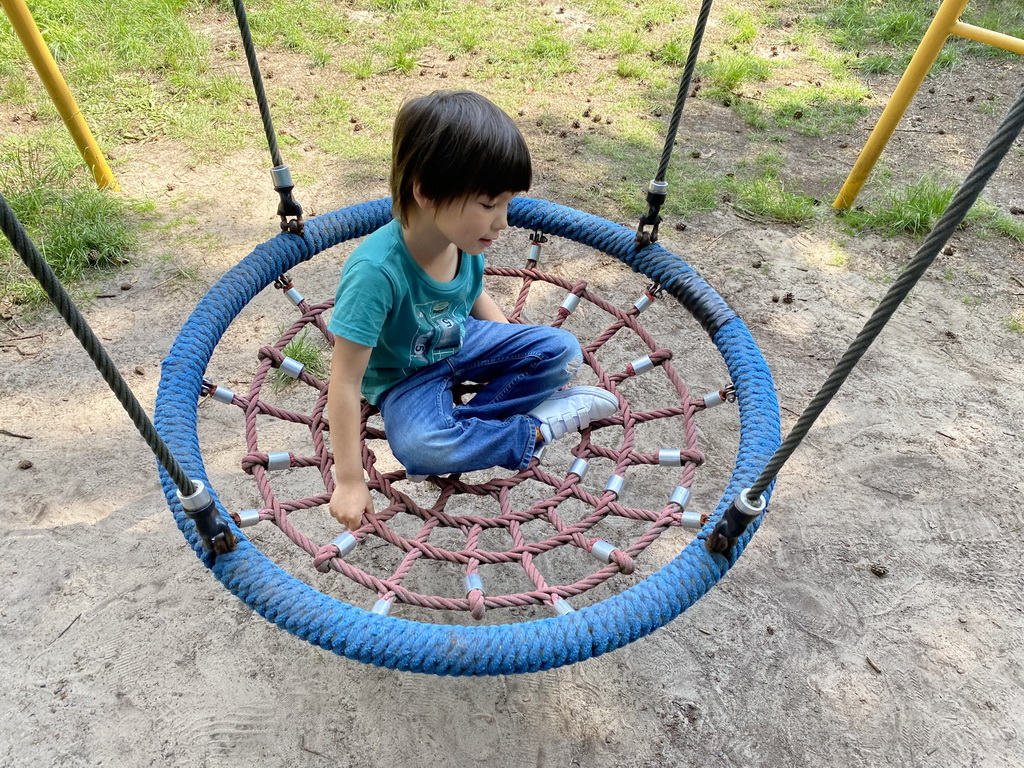 Max on a swing at the playground in the Oertijdwoud forest of the Oertijdmuseum