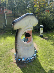 Max in a statue of the head of a Hammerhead Shark at the playground in the Oertijdwoud forest of the Oertijdmuseum