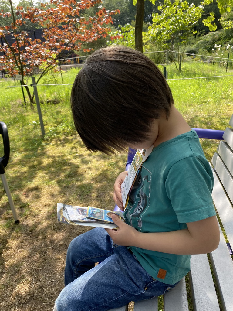 Max with toys on a bench in the Garden of the Oertijdmuseum