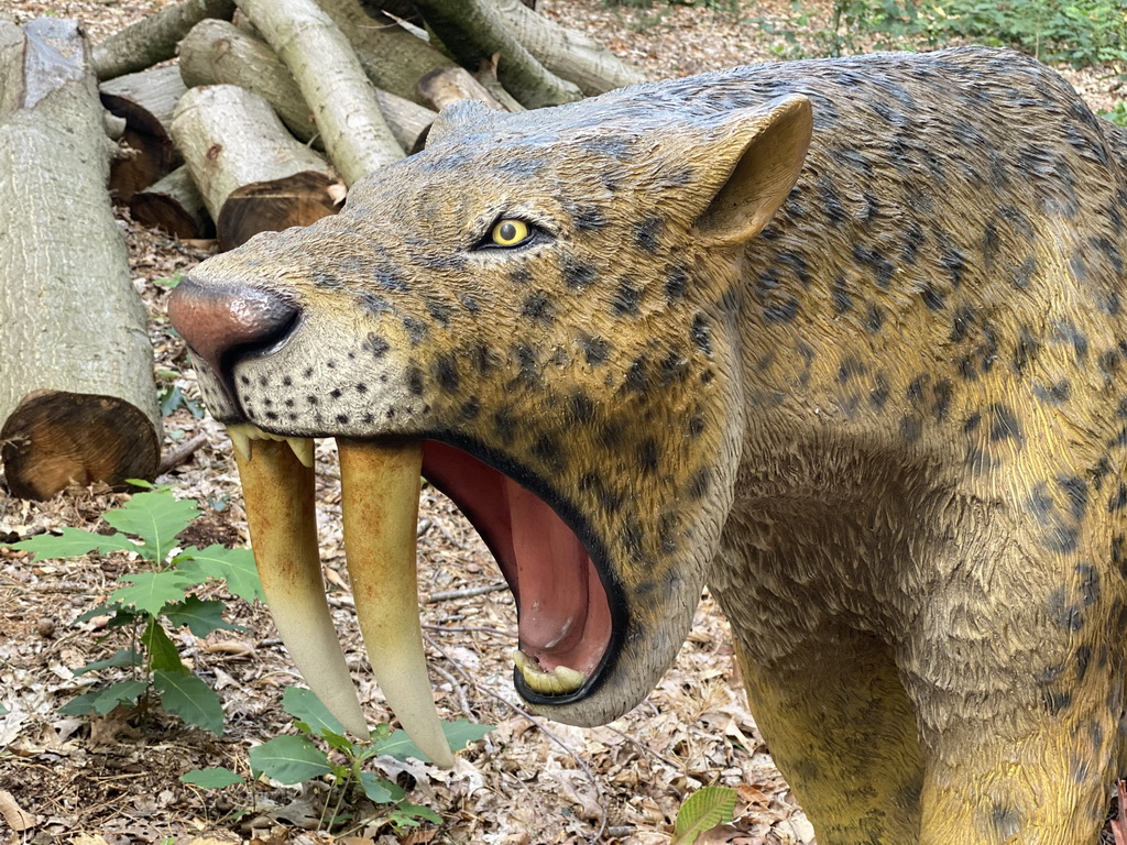 Head of a statue of a Smilodon in the Oertijdwoud forest of the Oertijdmuseum