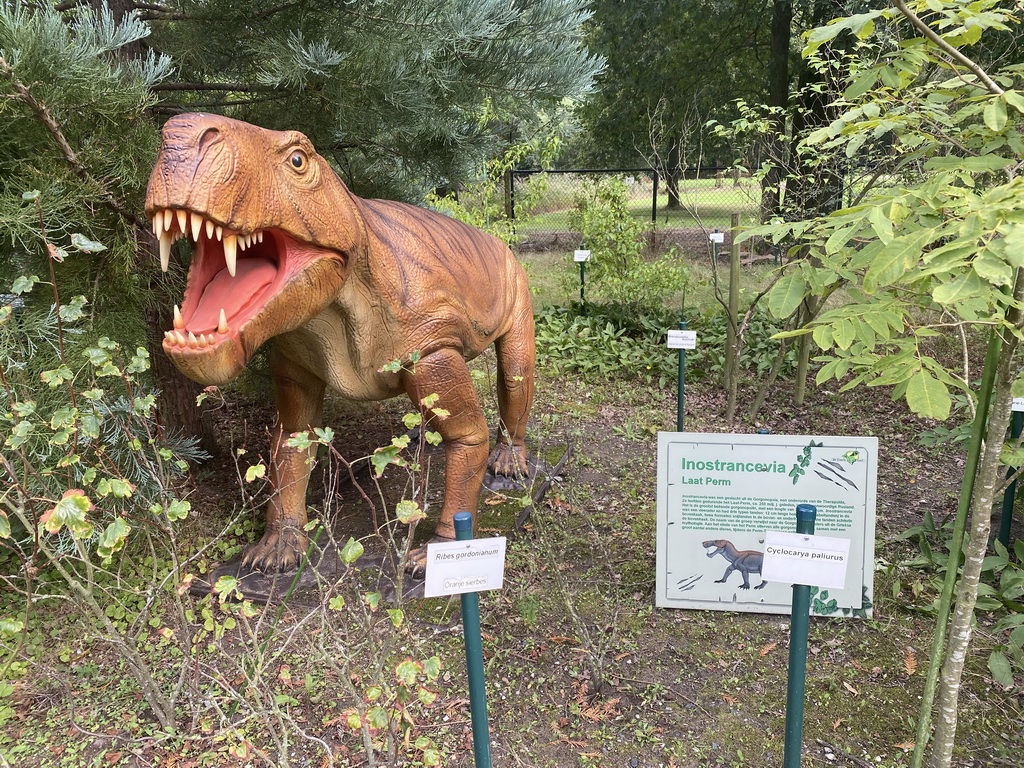 Statue of an Inostrancevia in the Garden of the Oertijdmuseum, with explanation