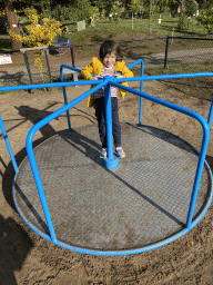 Max on a carousel at the playground at the Garden of the Oertijdmuseum