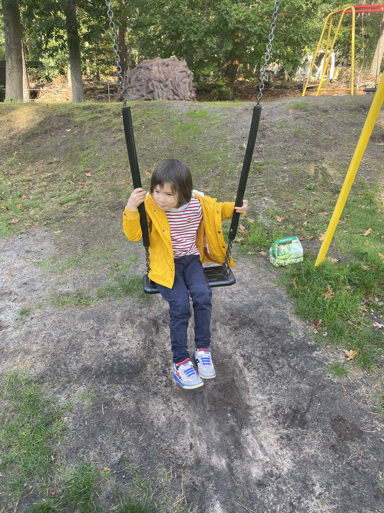 Max on the swing at the playground in the Oertijdwoud forest of the Oertijdmuseum