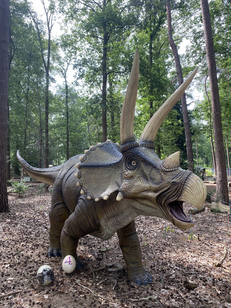 Statue of a Triceratops in the Oertijdwoud forest of the Oertijdmuseum