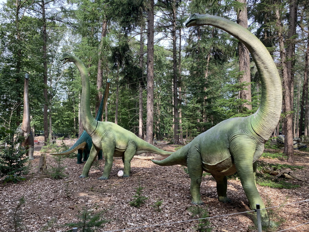 Statues of Europasauruses in the Oertijdwoud forest of the Oertijdmuseum