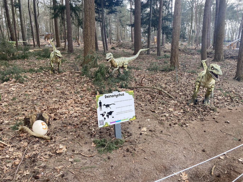 Statues of Deinonychuses in the Oertijdwoud forest of the Oertijdmuseum, with explanation