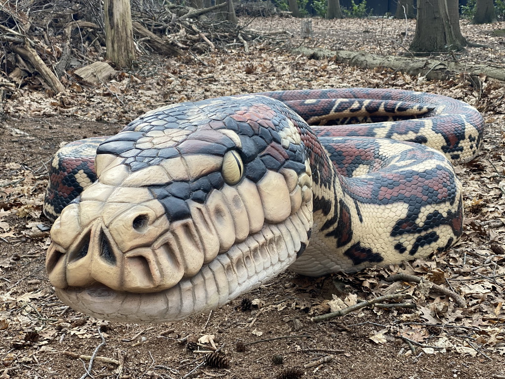 Statue of a Titanoboa in the Oertijdwoud forest of the Oertijdmuseum