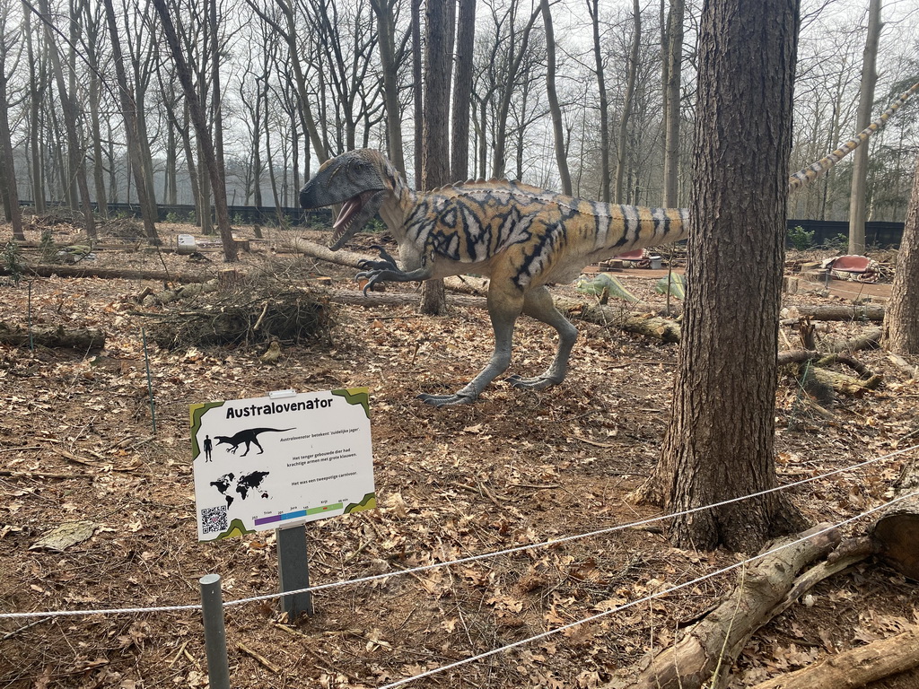 Statue of a Australovenator in the Oertijdwoud forest of the Oertijdmuseum, with explanation