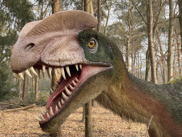 Head of a statue of a Dilophosaurus in the Oertijdwoud forest of the Oertijdmuseum